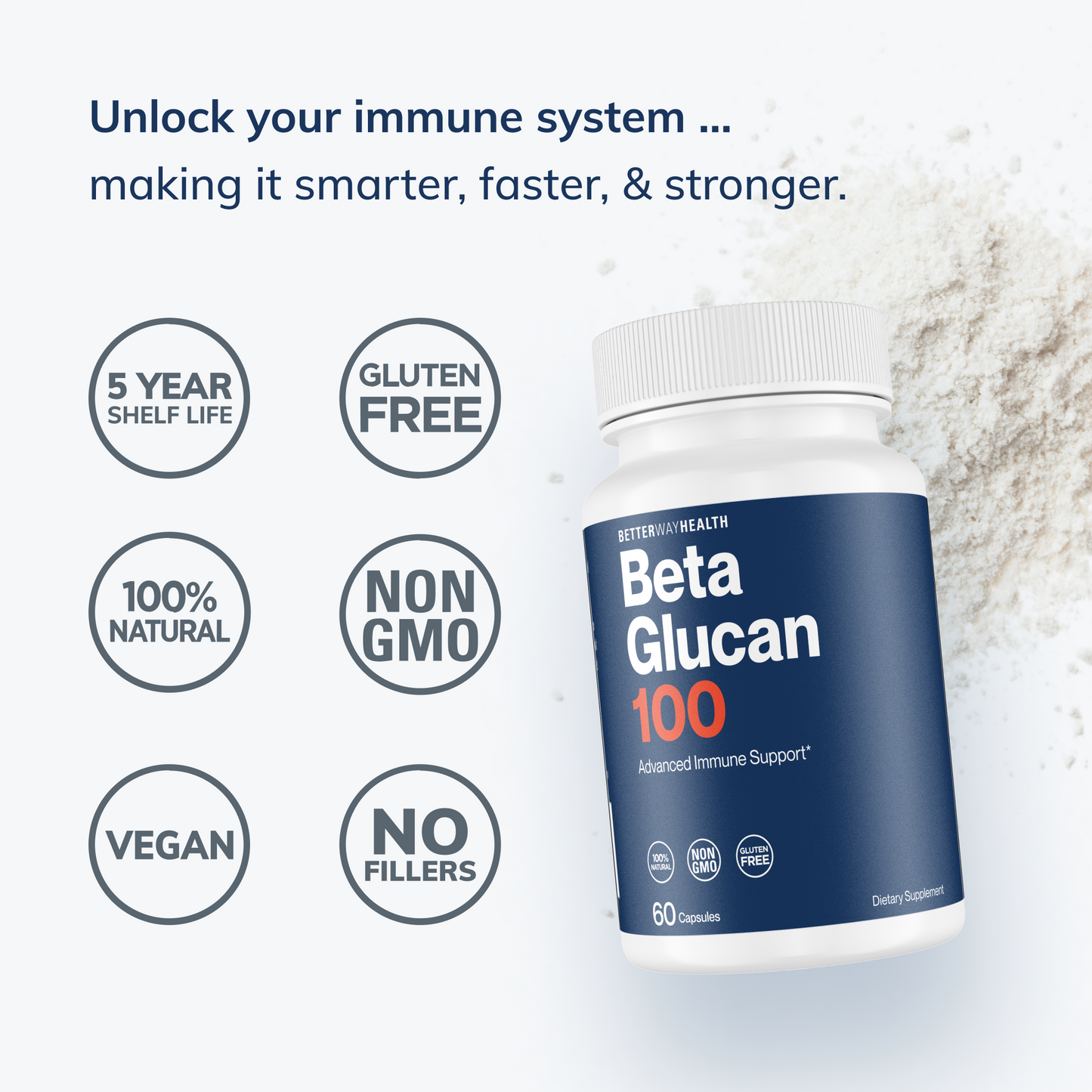 graphic information showing glucan powder and product bottle
